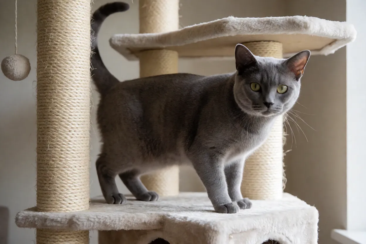 Gato de pelo curto Brasileiro em arranhador alto ou árvore de gato