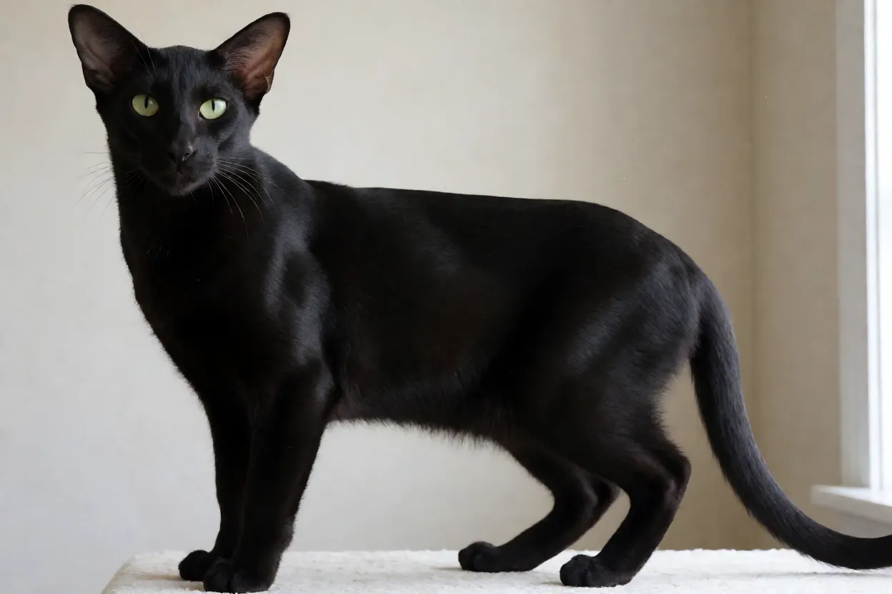 Gato de Pelo Curto Oriental adulto de corpo inteiro com pelagem ébano e orelhas grandes