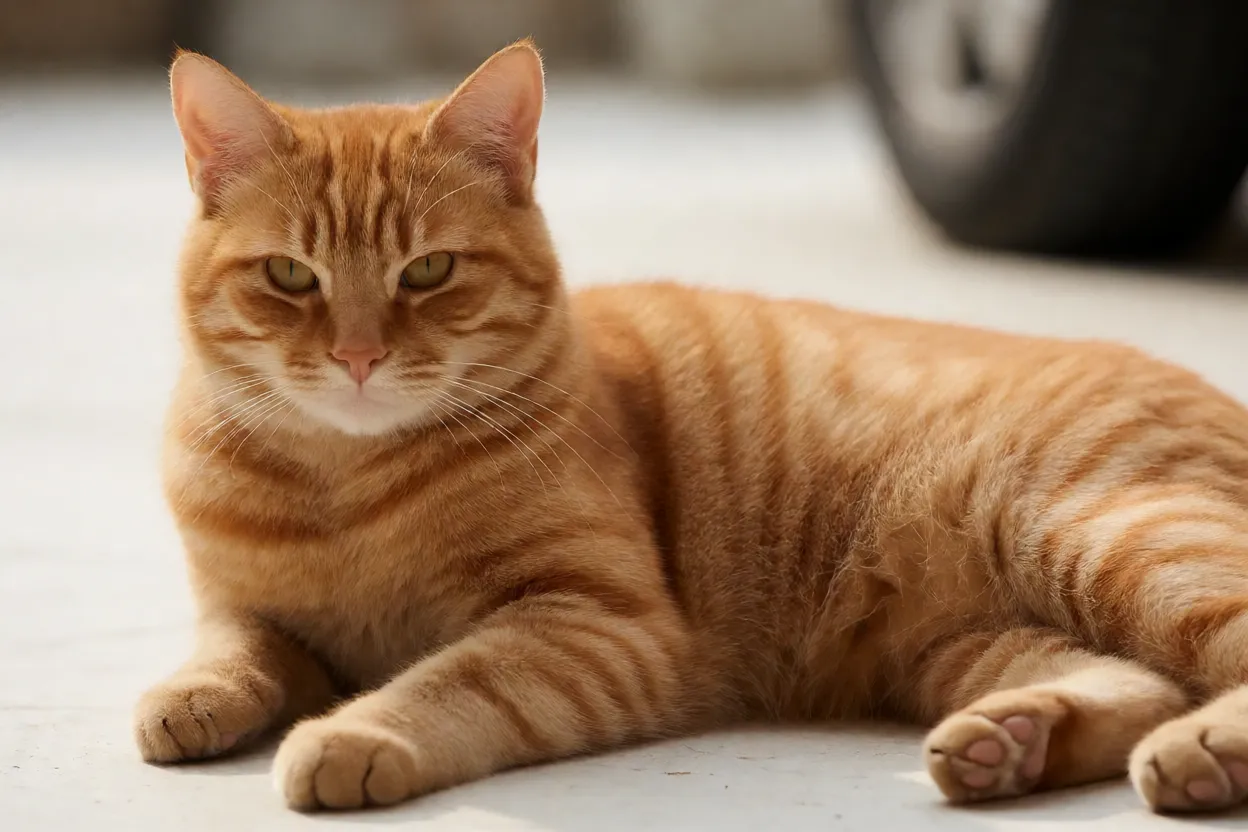 Gato laranja deitado em superf&iacute;cie clara com luz natural