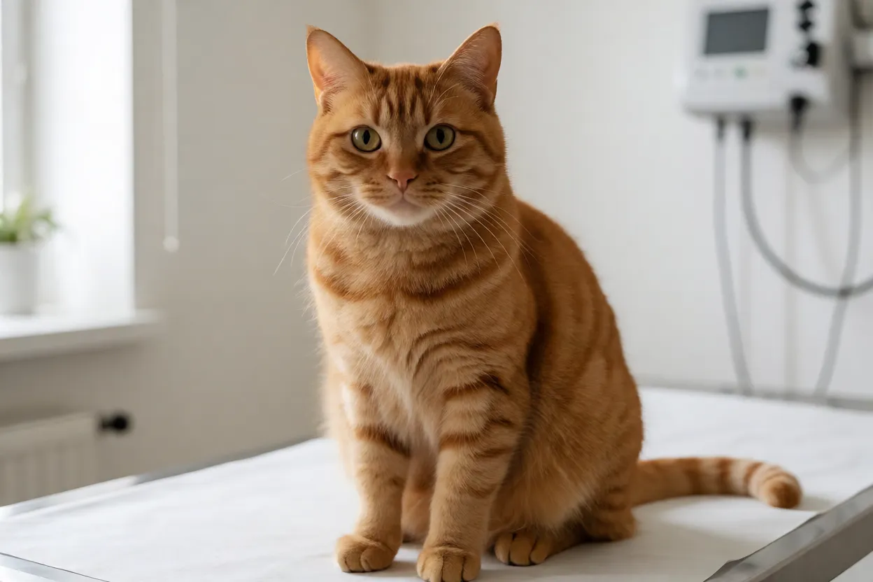 Gato laranja em check-up veterin&aacute;rio com estetosc&oacute;pio