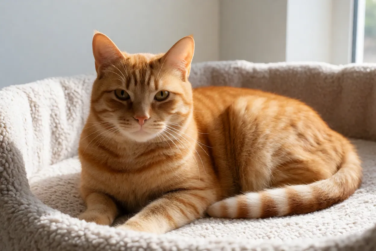 Gato laranja s&ecirc;nior descansando em cama confort&aacute;vel