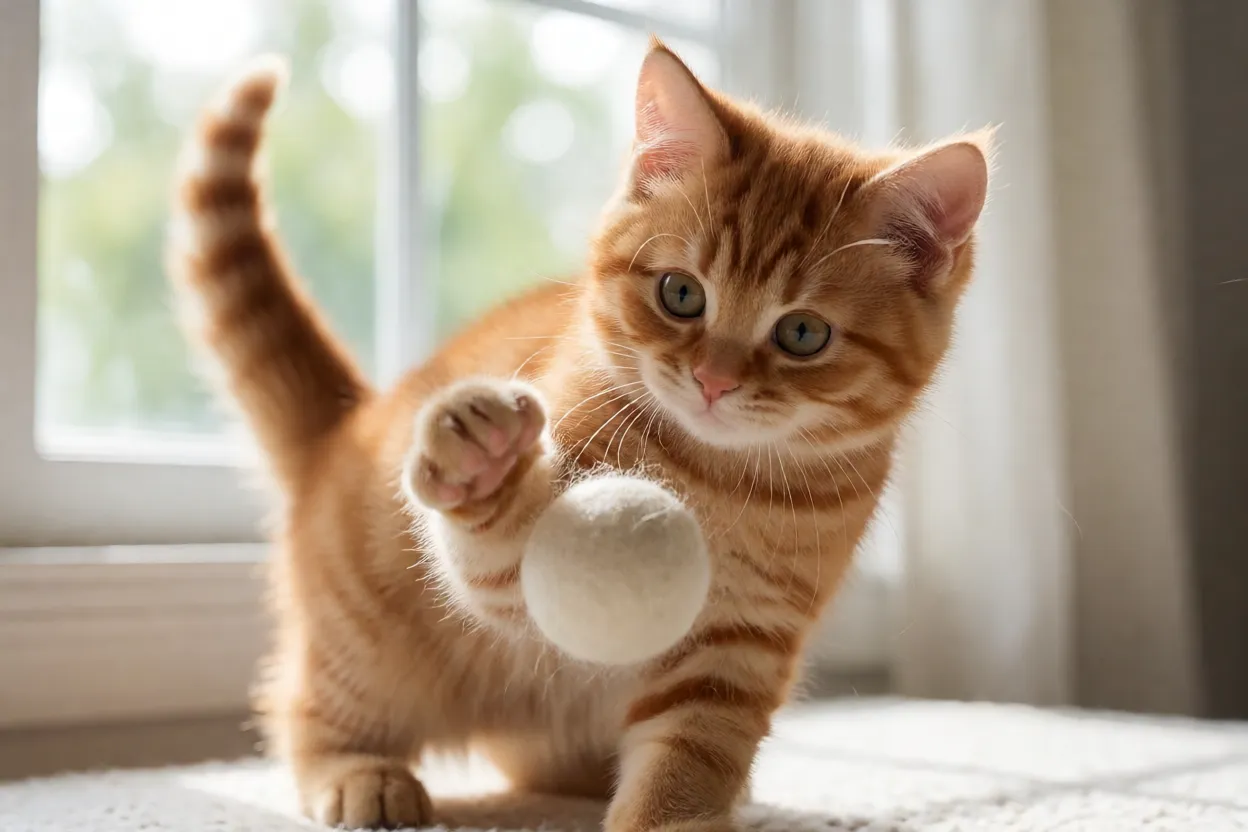 Filhote de gato laranja brincando com bola de l&atilde;