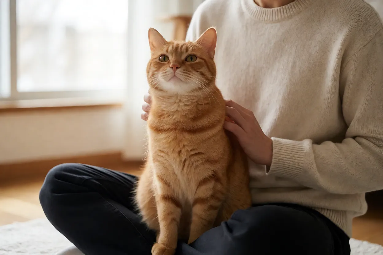 Gato laranja adulto no colo de pessoa em momento de carinho