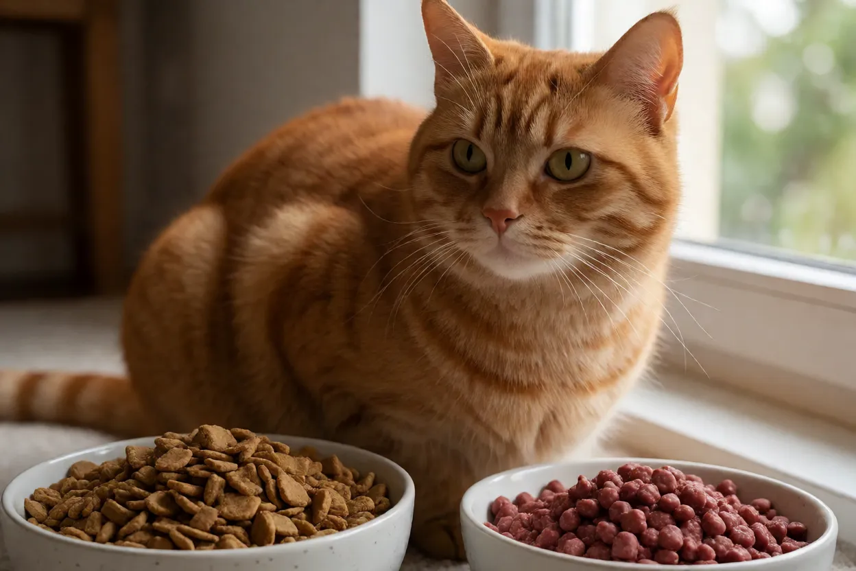Pote com ra&ccedil;&atilde;o seca e &uacute;mida ao lado de gato laranja