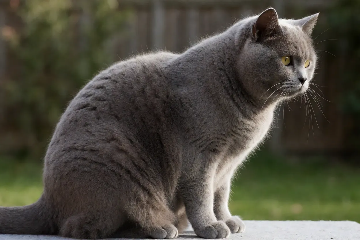 Gato Manx sem cauda de pelagem curta sentado de perfil mostrando o traseiro arredondado