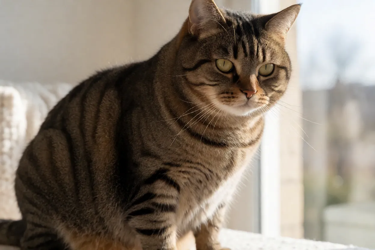 Gato Manx rumpy de pelagem curta sentado em pose lateral mostrando corpo arredondado e aus&ecirc;ncia de cauda