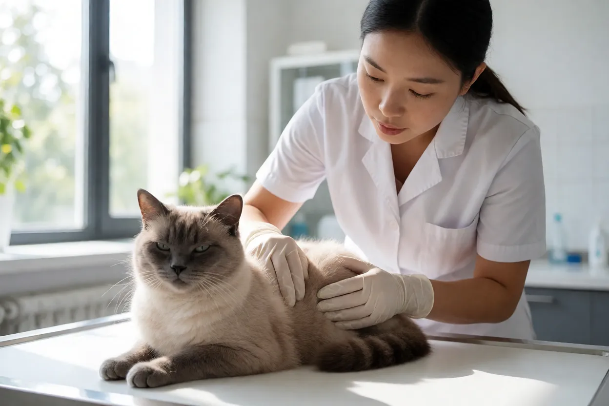 Veterin&aacute;rio examinando a regi&atilde;o lombar de um Gato Manx adulto