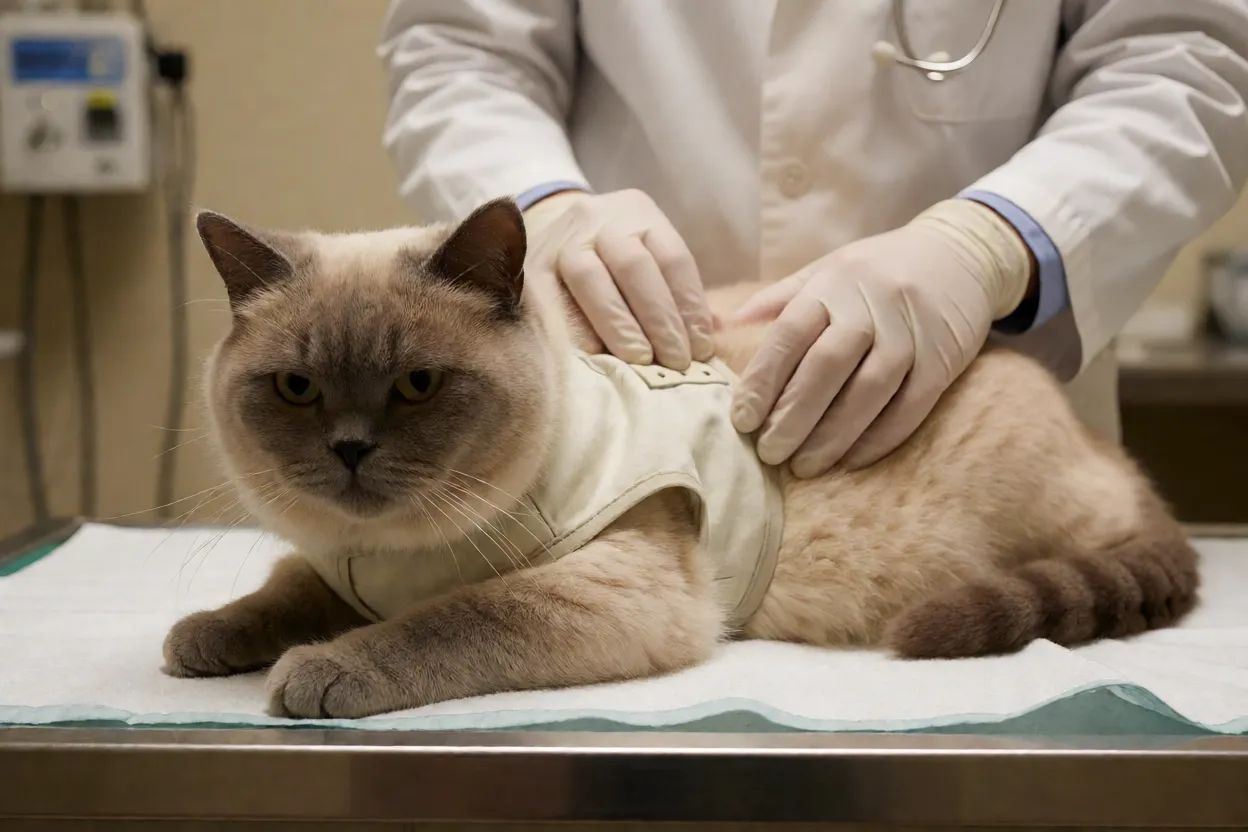 Veterin&aacute;rio examinando a coluna de um gato Manx