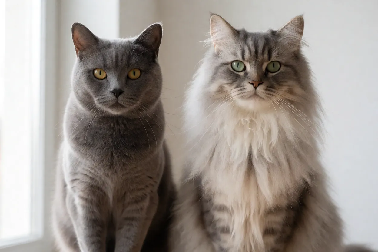 Gato Manx de pelo curto ao lado de um Cymric de pelo longo