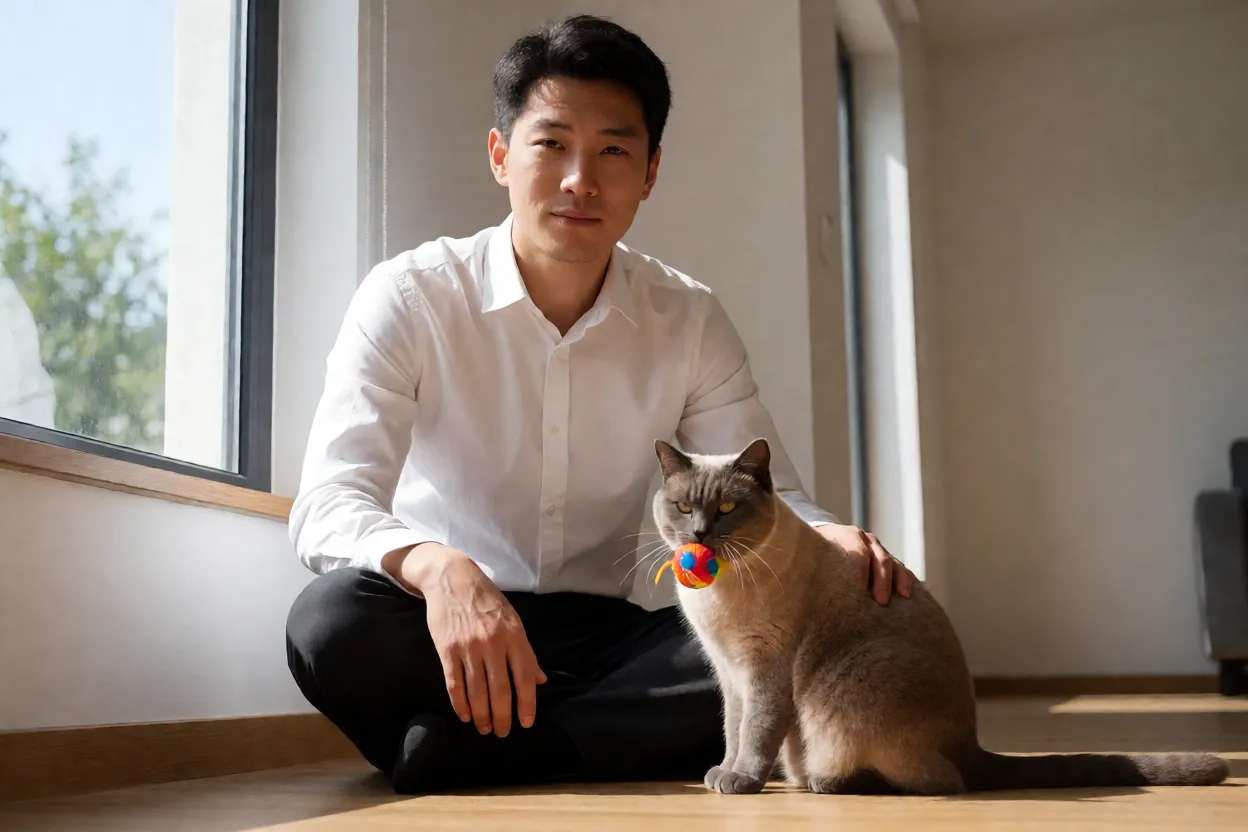 Gato Manx trazendo um brinquedo de volta para o tutor em sess&atilde;o de treino