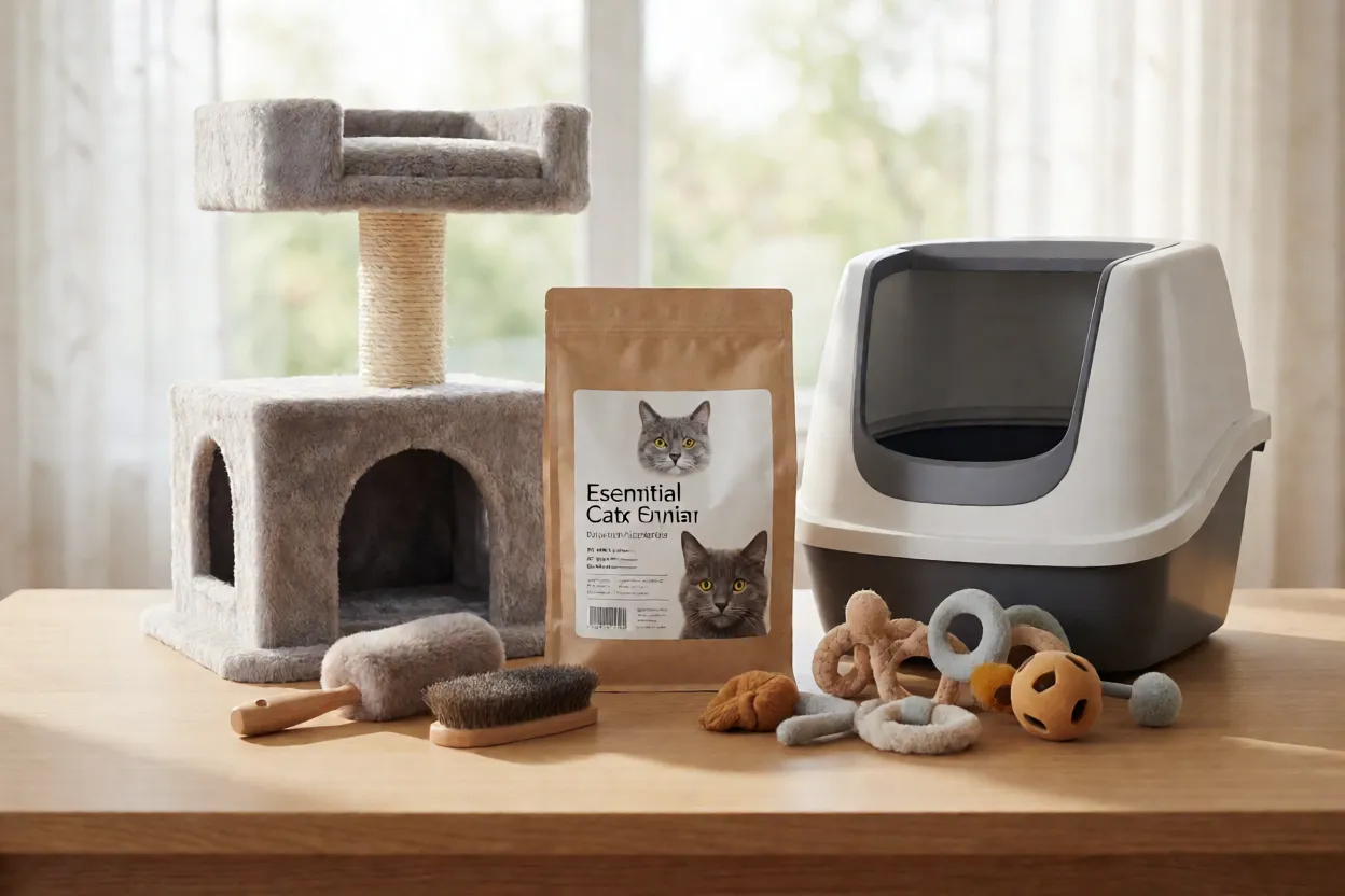 Itens essenciais de cuidados para Gato Manx organizados sobre uma mesa