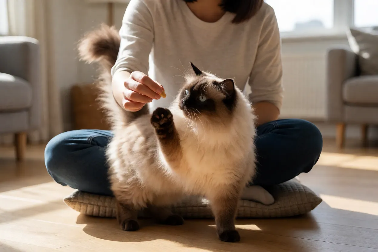 Gato Manx aprendendo comando com petisco