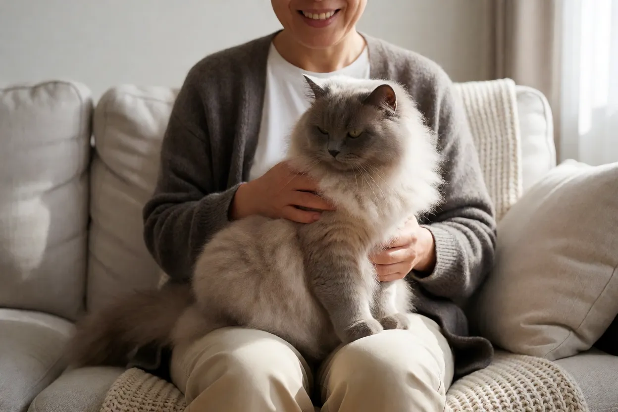 Gato Manx adulto relaxado no colo do tutor em sof&aacute; aconchegante