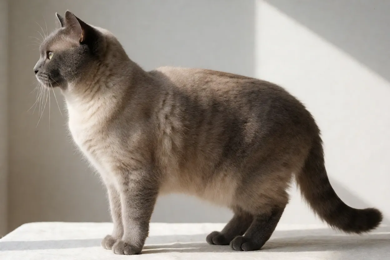 Gato Manx adulto de perfil mostrando pernas traseiras longas e corpo compacto