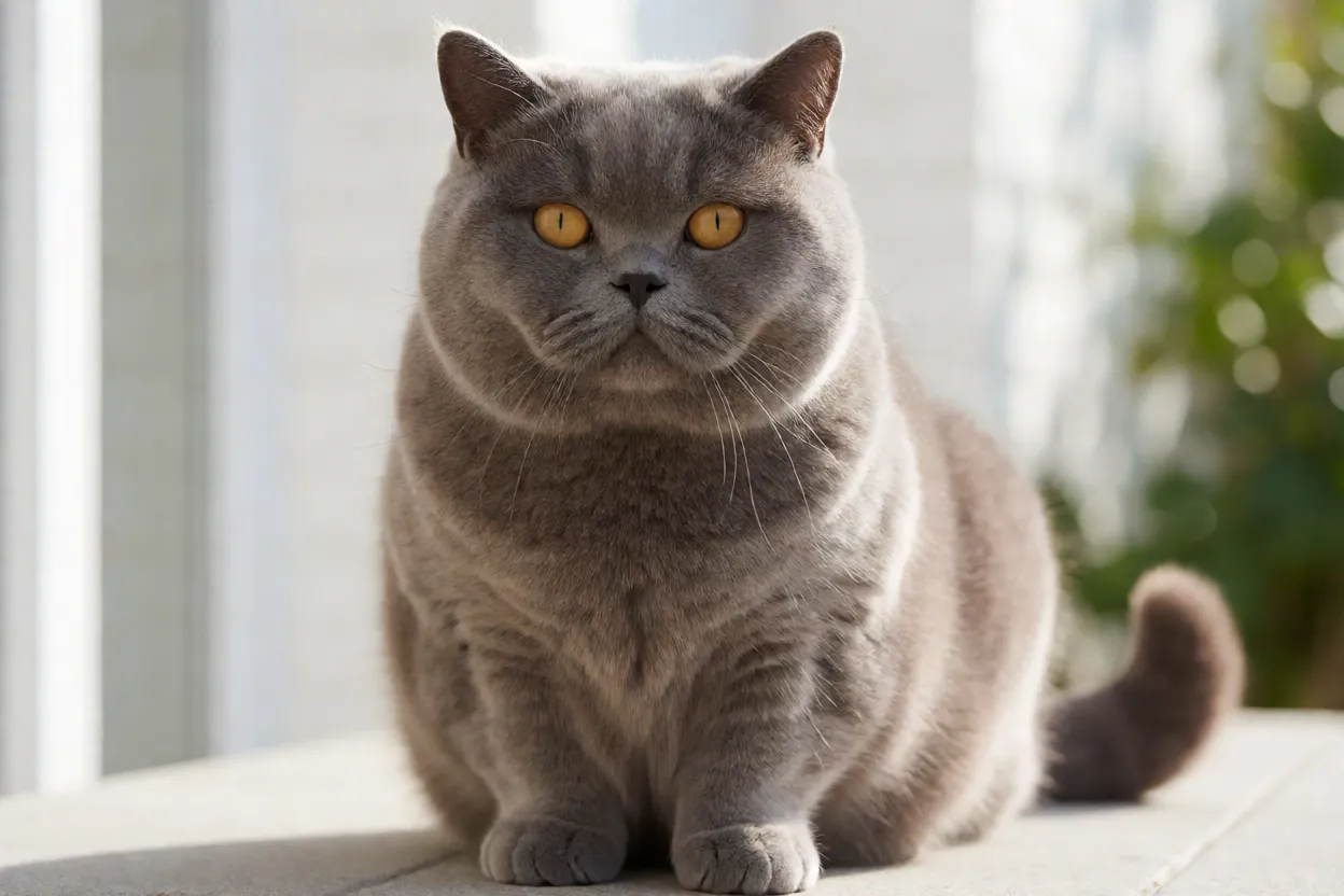 Gato Manx de frente mostrando cabe&ccedil;a redonda e corpo compacto muscular