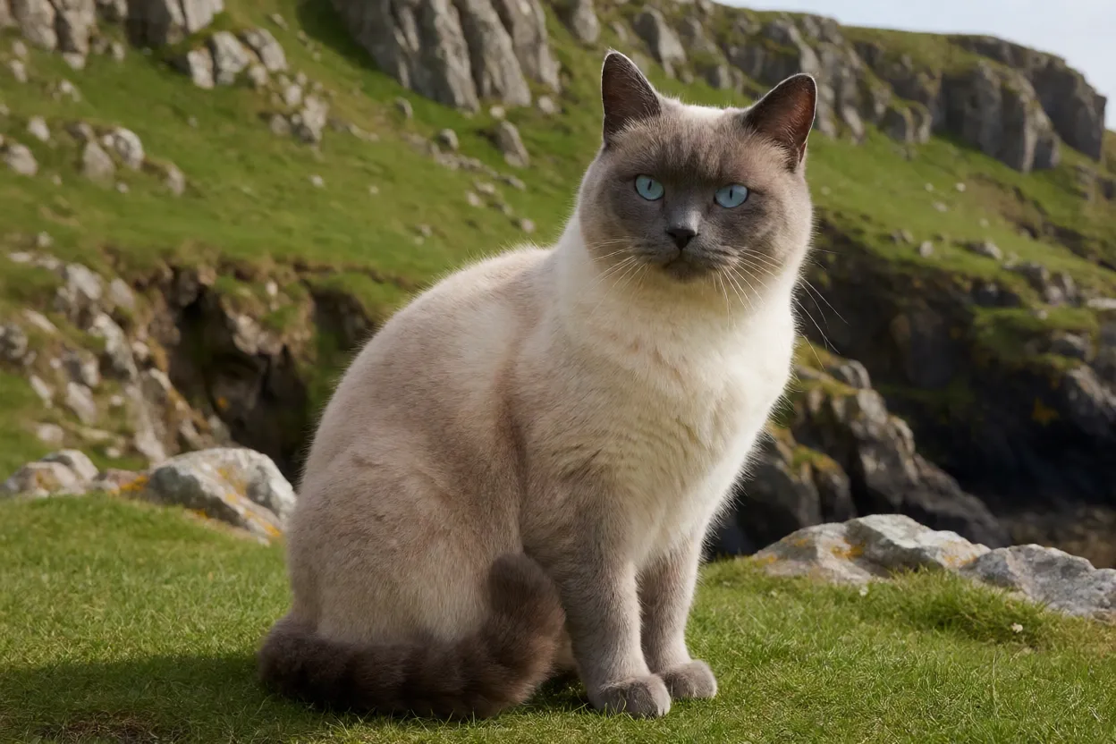Paisagem da Ilha de Man com gato Manx em primeiro plano