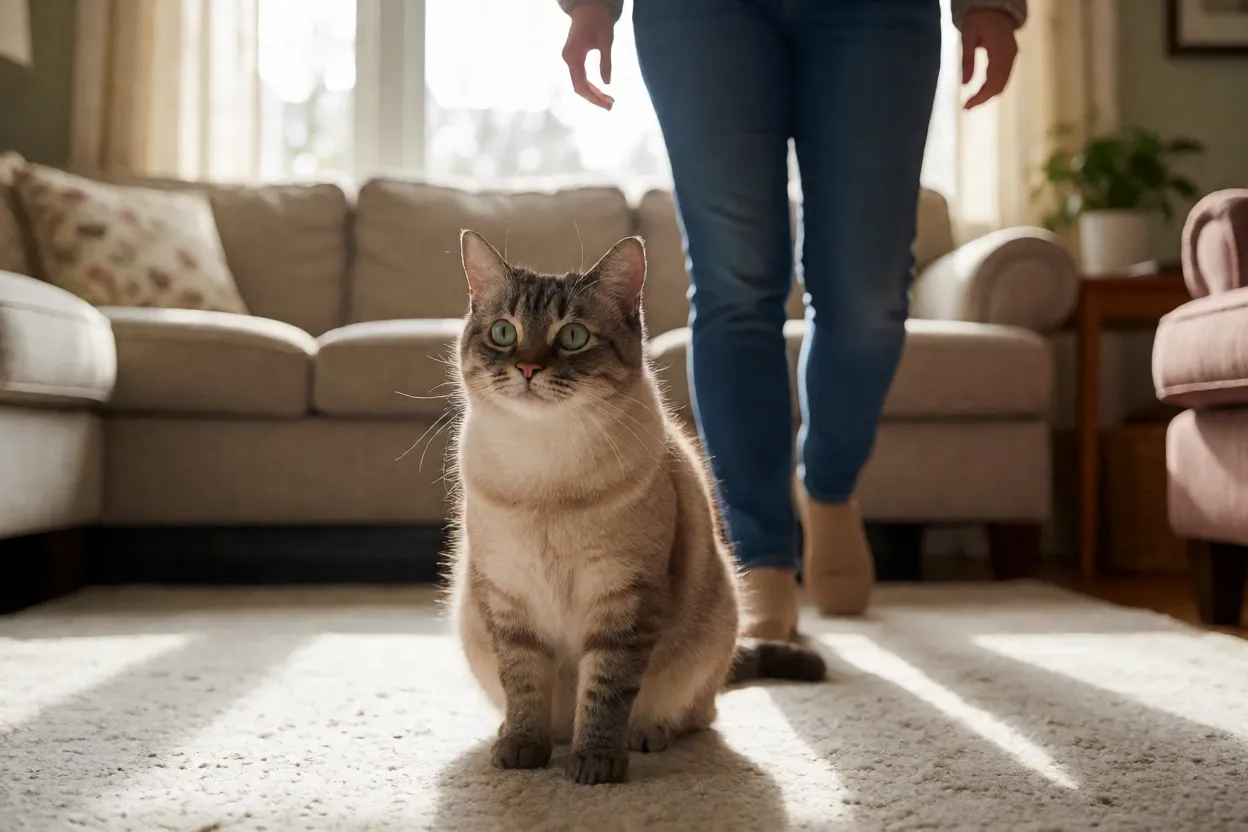 Gato Manx seguindo o tutor pela casa com olhar atento