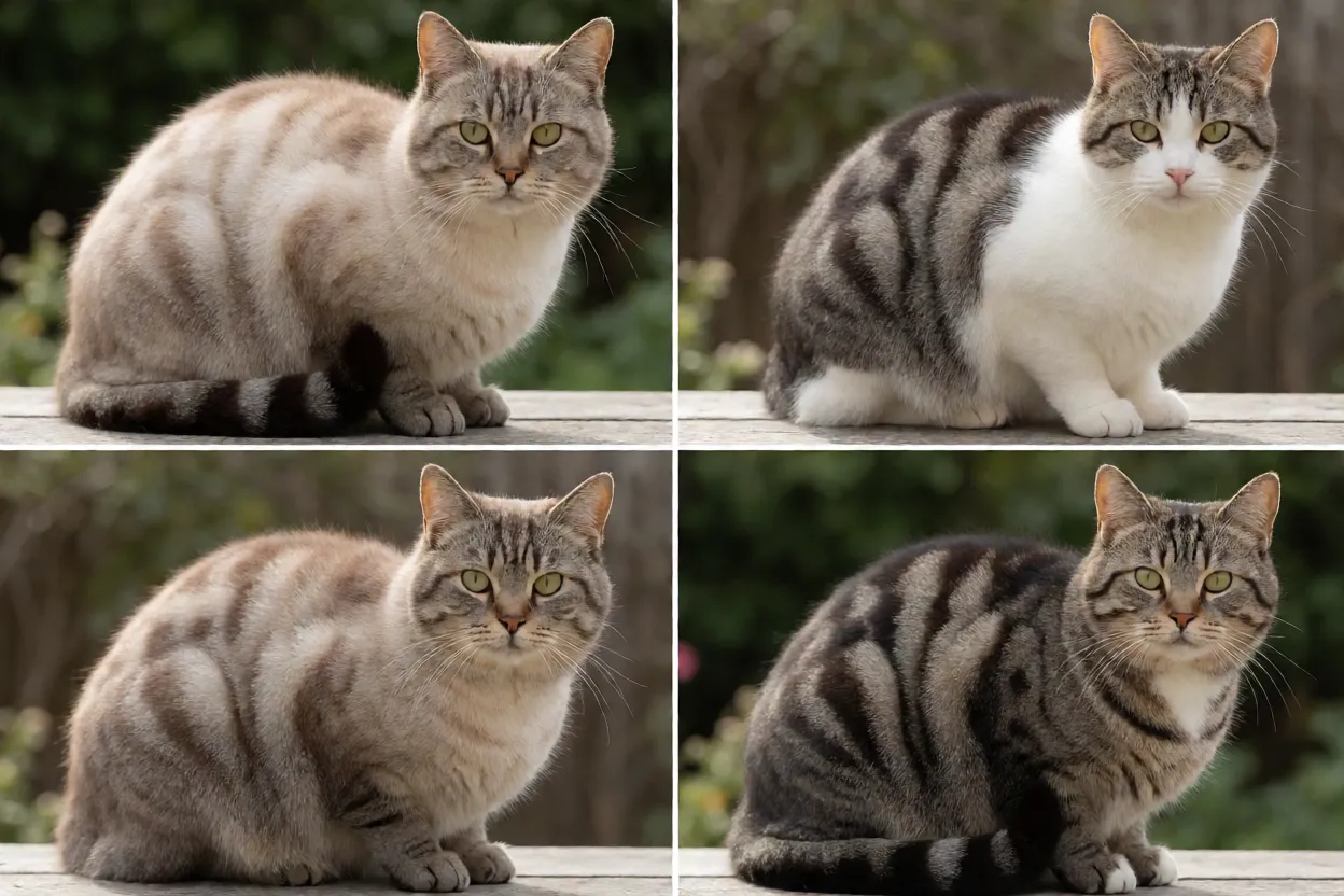 Compara&ccedil;&atilde;o visual de quatro tipos de cauda Manx: rumpy, riser, stumpy e longy