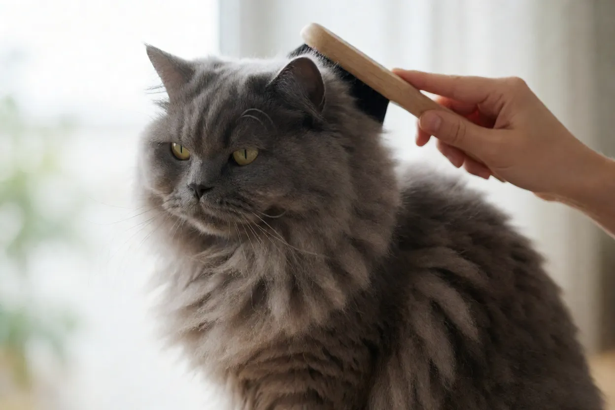 Gato Manx sendo escovado com escova de cerdas suaves em ambiente caseiro