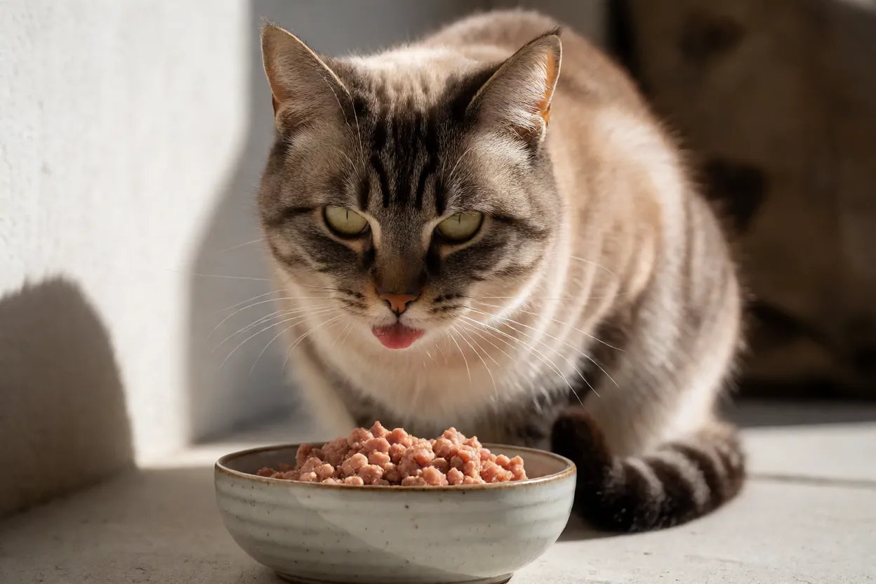 Gato Manx adulto comendo ra&ccedil;&atilde;o &uacute;mida em tigela de cer&acirc;mica