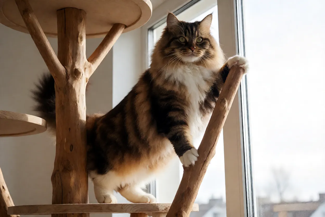 Gato Norueguês da Floresta escalando árvore de gato alta