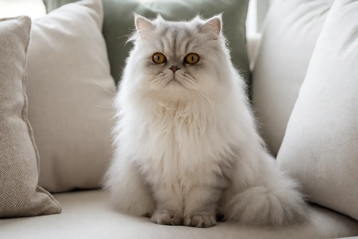 Gato Persa adulto de pelagem longa e focinho achatado em ambiente interno iluminado