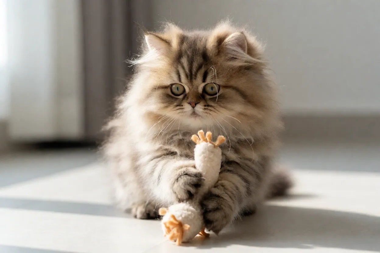 Filhote de Gato Persa brincando com brinquedo em ambiente dom&eacute;stico