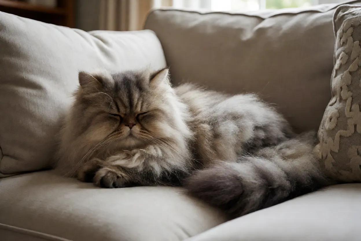 Gato Persa adulto dormindo tranquilamente no sof&aacute;