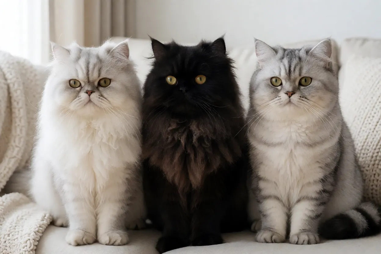 Gatos Persas de cores diferentes lado a lado: branco, preto e prateado