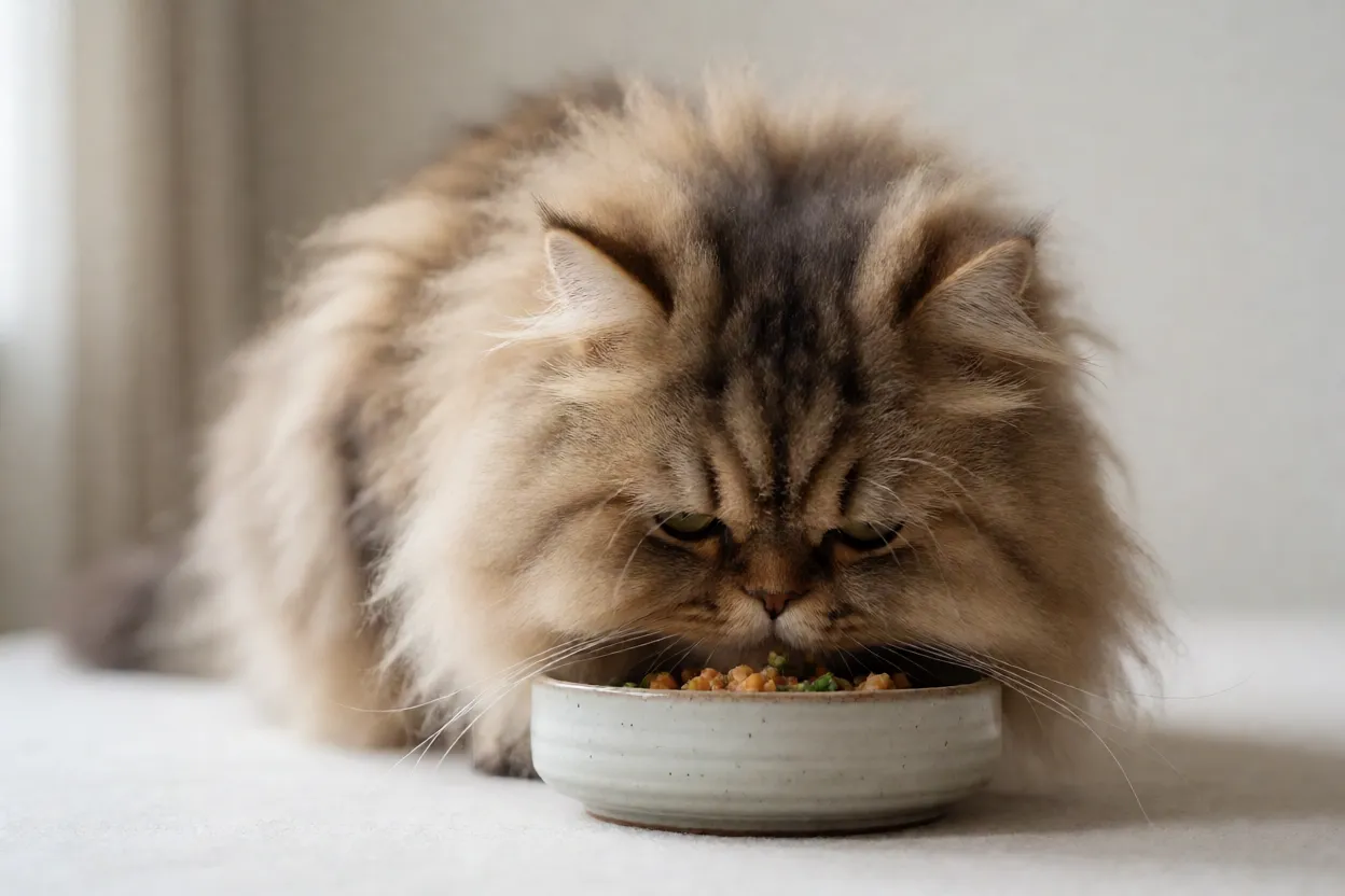 Gato Persa comendo ra&ccedil;&atilde;o em tigela baixa