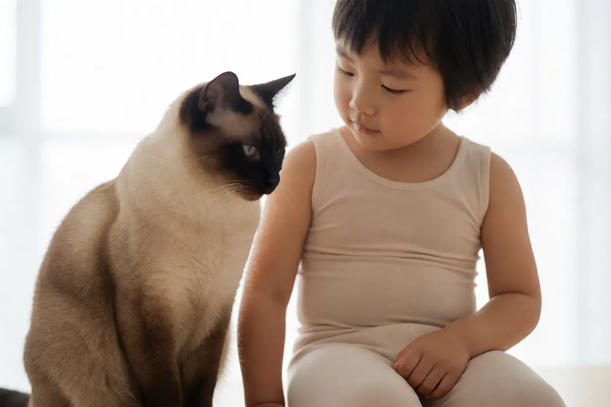 Gato Siam&ecirc;s convivendo com crian&ccedil;a de forma tranquila