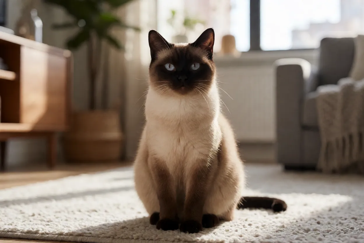 Gato Siam&ecirc;s em ambiente dom&eacute;stico confort&aacute;vel