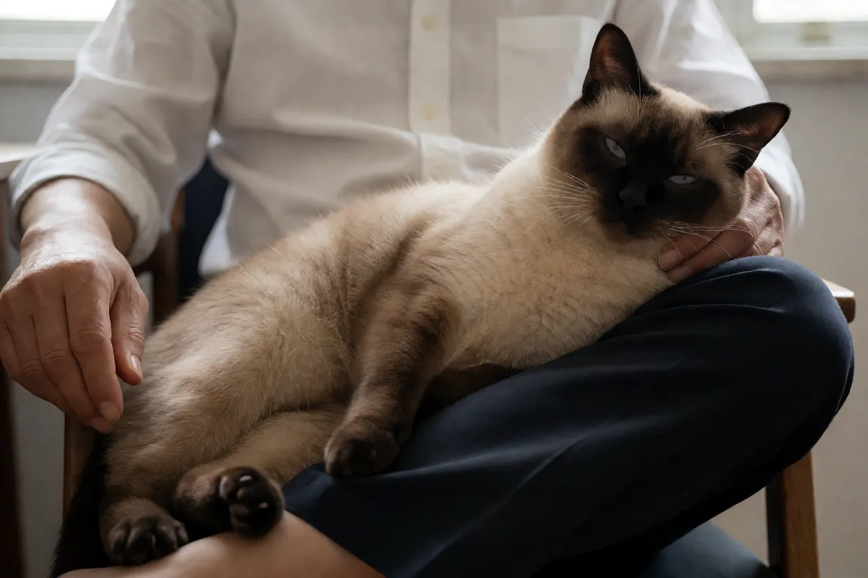 Gato Siam&ecirc;s relaxado no colo do tutor