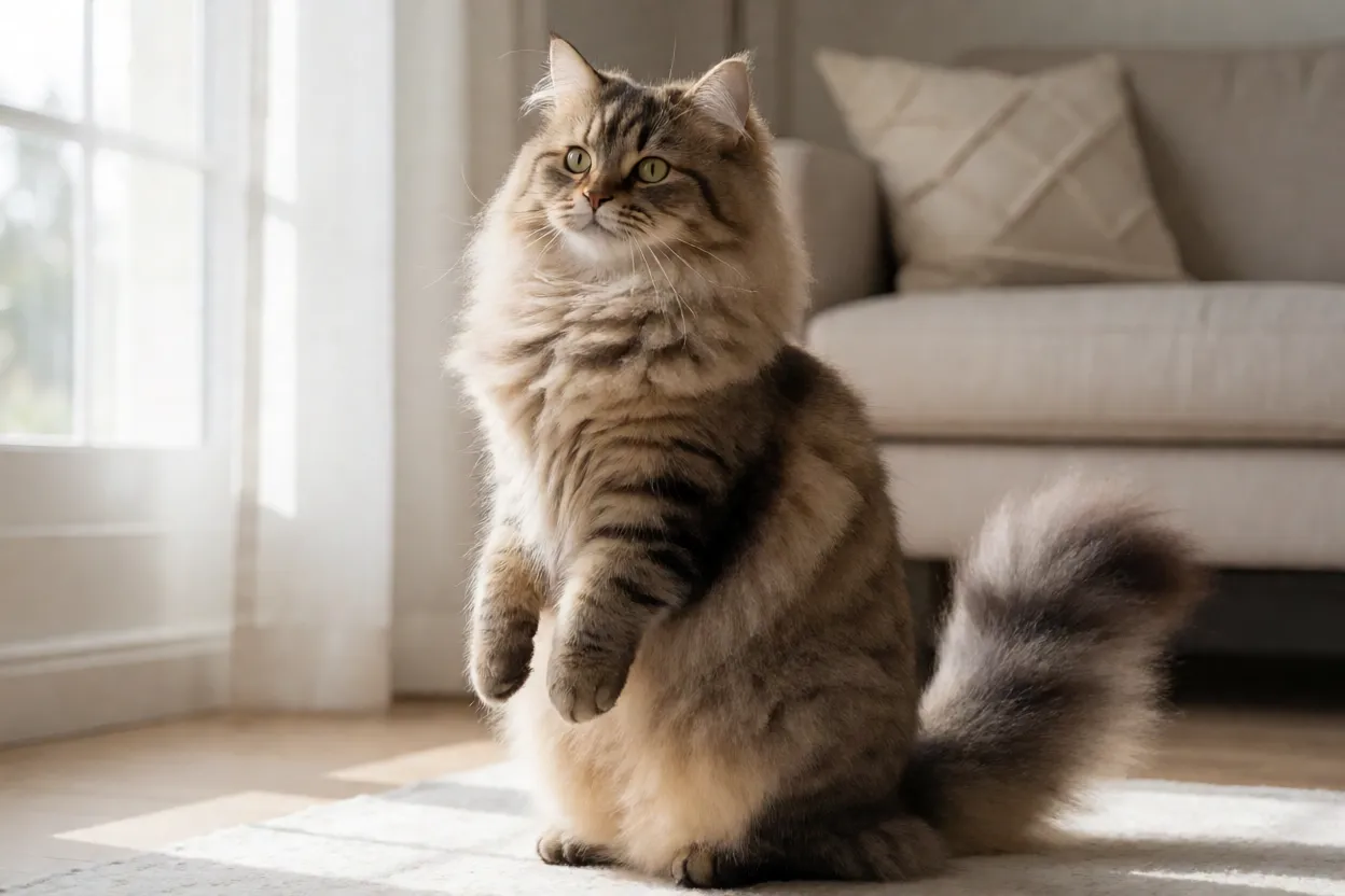 Gato Siberiano adulto com pelagem densa e cauda volumosa