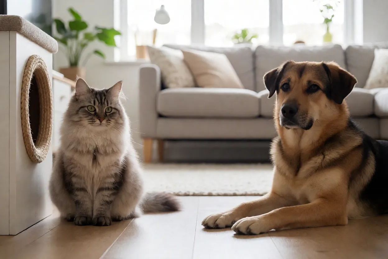 Gato Siberiano observando calmamente um cachorro em ambiente dom&eacute;stico