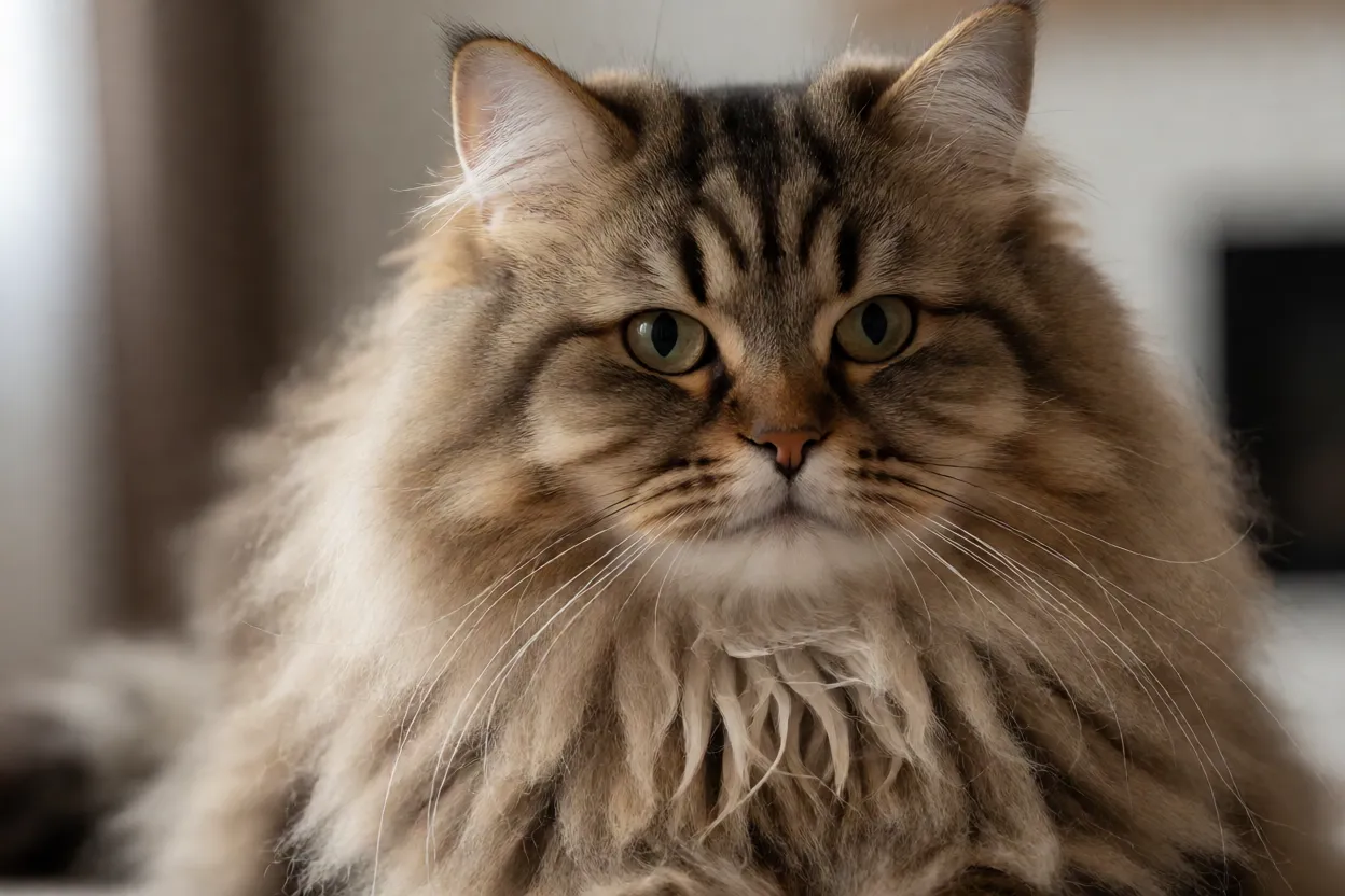 Detalhe da pelagem longa e do colar de pelos de um Gato Siberiano