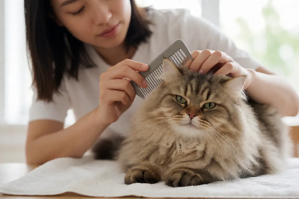 Tutor escovando suavemente a pelagem de um Gato Siberiano