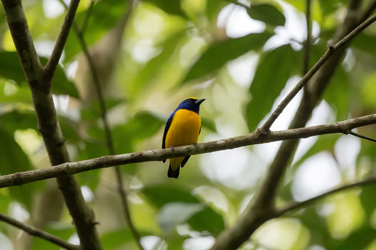 Gaturamo-verdadeiro macho empoleirado mostrando barriga amarela e dorso azul-metálico