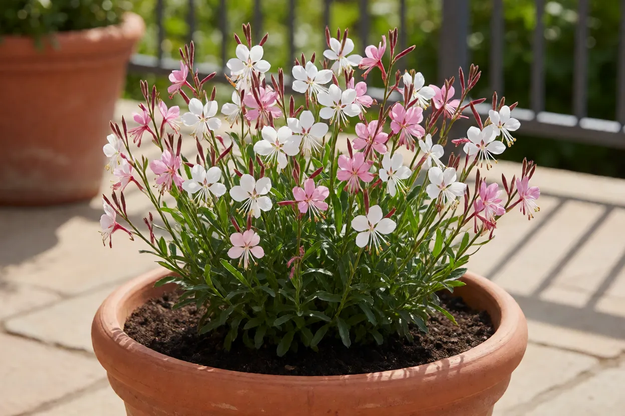 Gaura: características das flores, floração e cuidados no jardim Gaura compacta cultivada em vaso na varanda