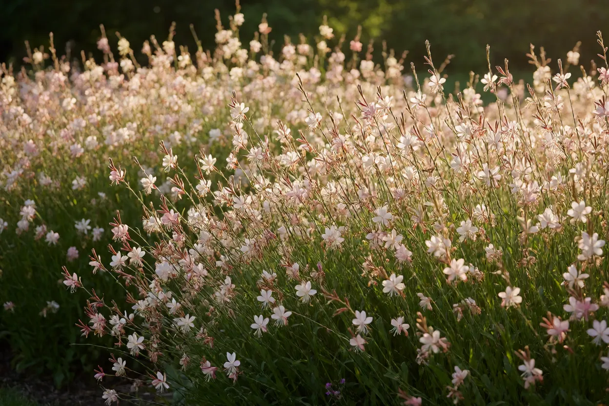 Gaura: características das flores, floração e cuidados no jardim Canteiro com gaura florida ao entardecer
