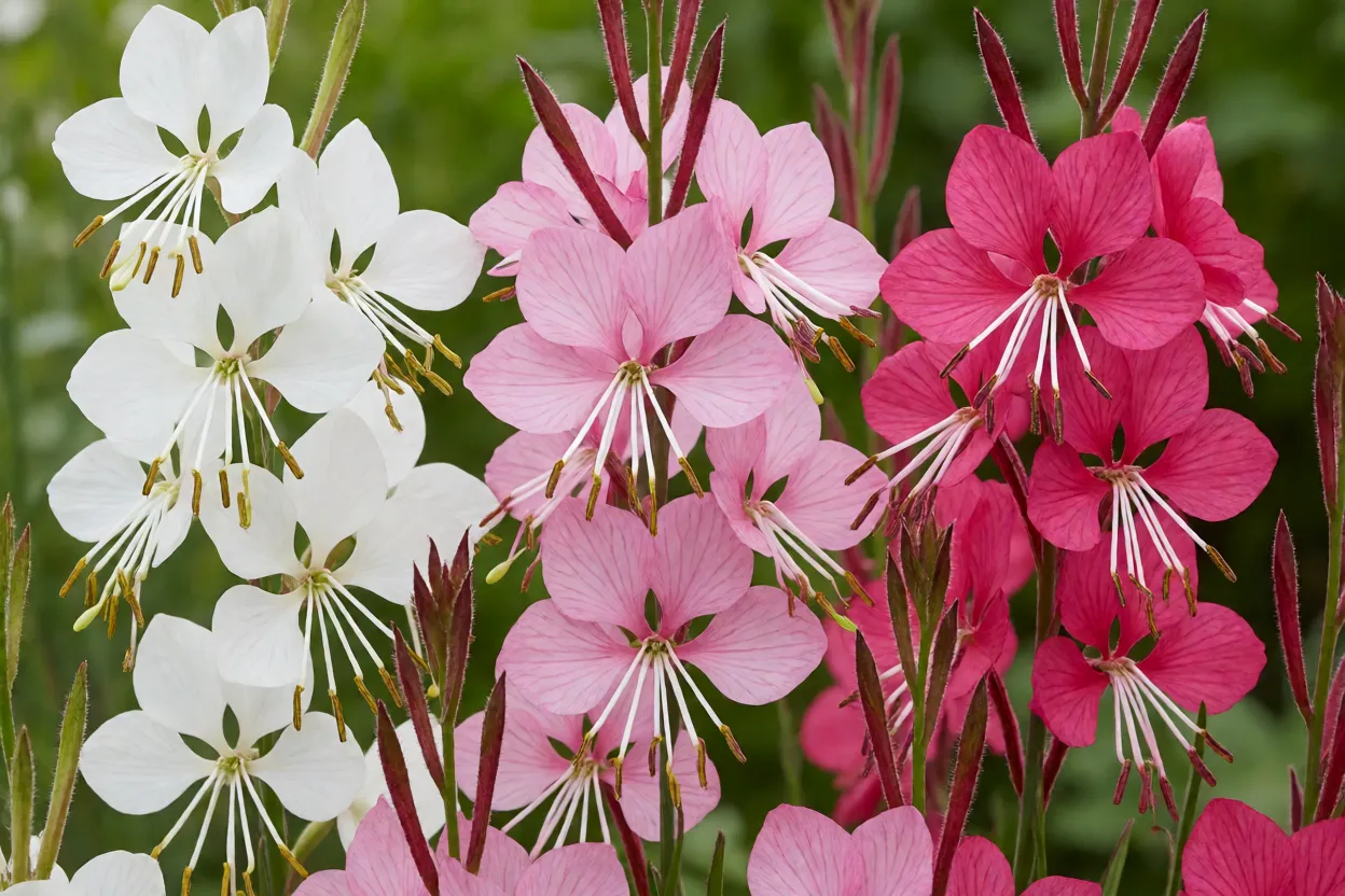 Gaura: características das flores, floração e cuidados no jardim Diferentes variedades de gaura em tons de branco e rosa
