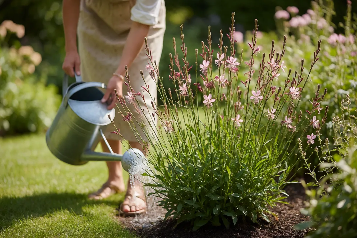 Gaura: características das flores, floração e cuidados no jardim Regador molhando a base de uma gaura estabelecida