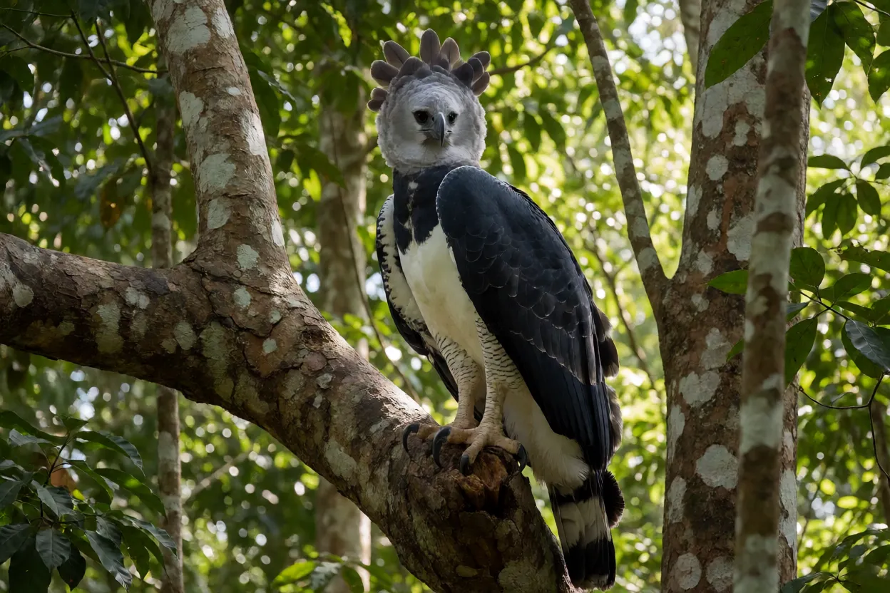 Gavião-real Gavião-real adulto empoleirado em galho grosso na Amazônia mostrando plumagem cinza, branca e preta