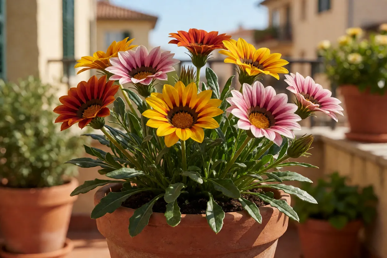 Gaz&acirc;nia colorida cultivada em vaso em varanda ensolarada