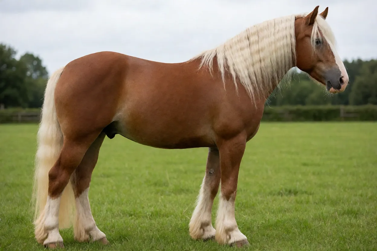 Cavalo Gelderlander adulto de pelagem alazã com crina clara em vista lateral na pastagem