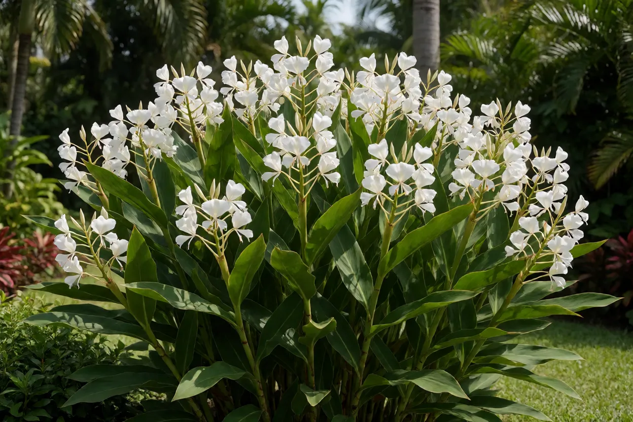 Gengibre-branco adulto formando touceira alta com flores brancas no jardim
