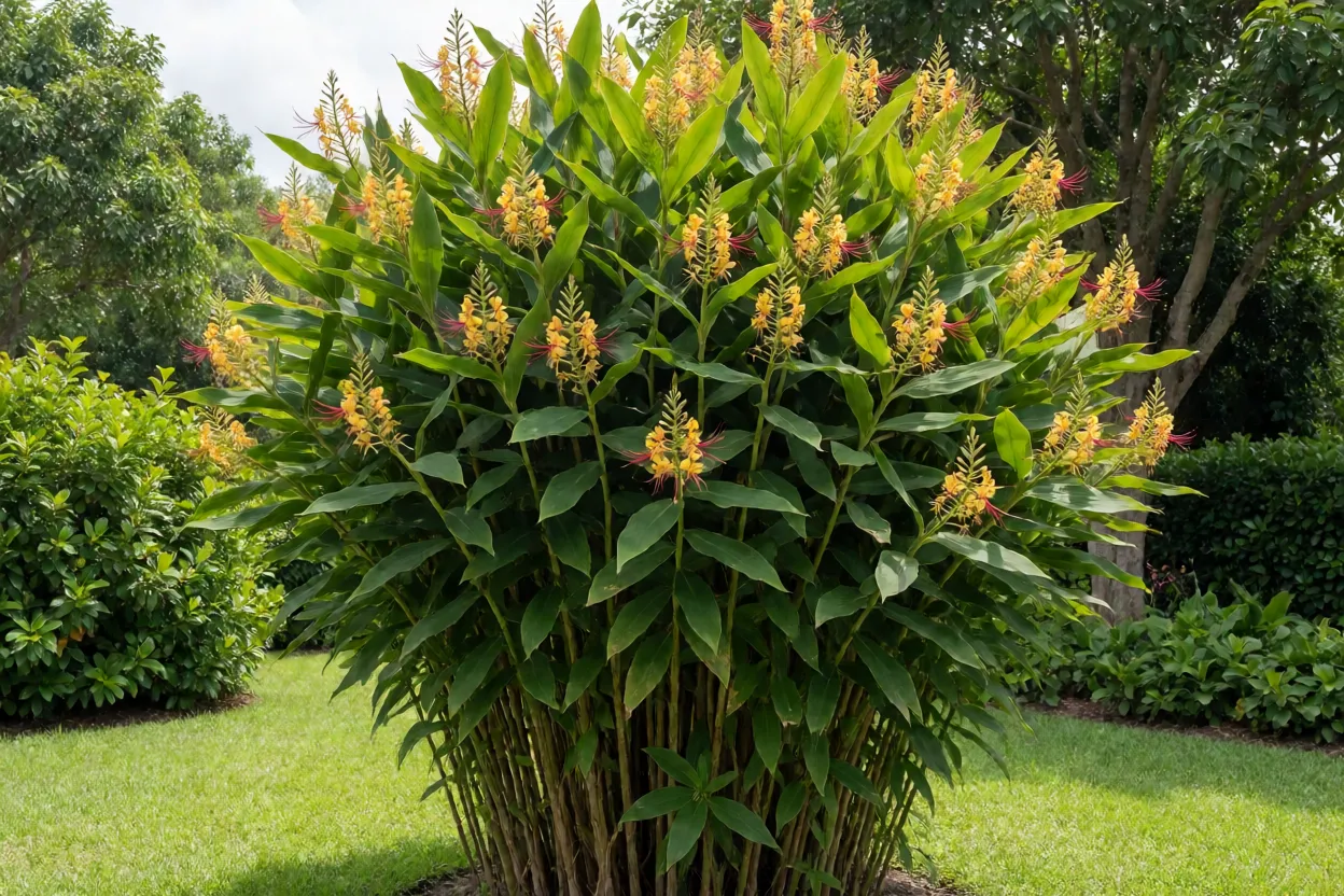 Gengibre-de-kahili adulto em jardim com espigas amarelas e estames vermelhos