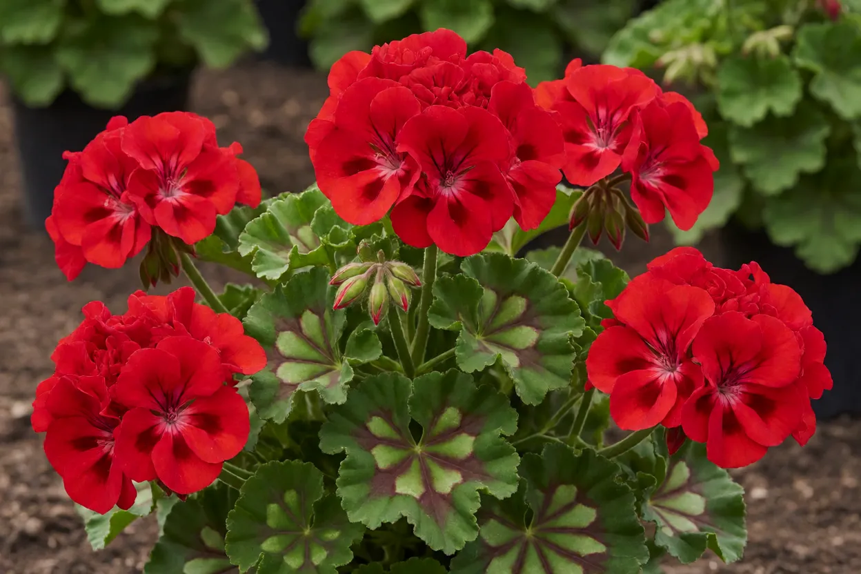 Ger&acirc;nio zonal vermelho em flor com folhas verdes zonadas