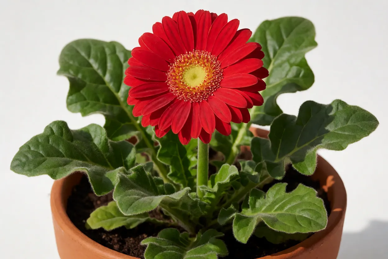 G&eacute;rbera em flor com p&eacute;talas vermelhas e centro amarelo em vaso de barro