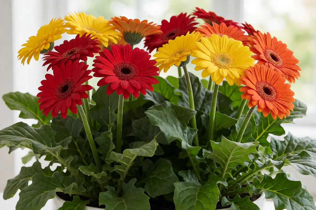 G&eacute;rbera saud&aacute;vel com flores coloridas em ambiente bem iluminado